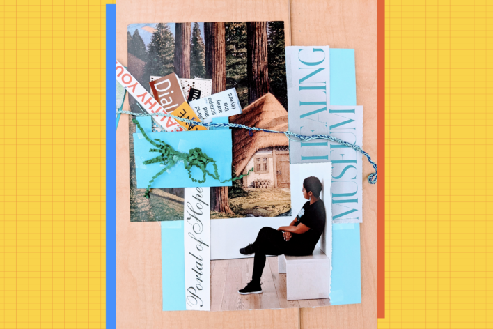 Collage of images with a person sitting near an image of a cottage with trees and the words