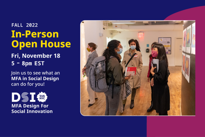 An image of people conversing in front of artwork hanging on a black wall. The image is on a background that is dark blue, and there is a rounded magenta shape on the right, behind the image.