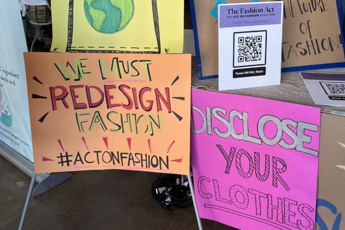 Colorful posters with colorful text on them featuring calls to action for sustainability in fashion
