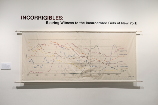 An off-white tapestry on a white wall that has a graph with colorful lines on it. Above this in black text reads: 