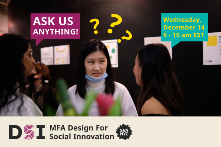 Three women having a conversation. In a magenta text bubble, white text says: