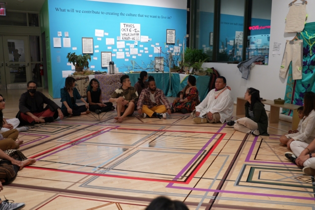 A group of people sitting a circle on the floor. Beneath them is an arrangement of multicolored lines in various configurations.