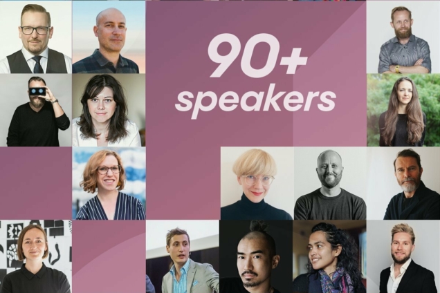 A collage of images of men and women smiling. In the middle of the image, white text over a pink background reads: 