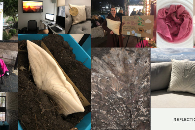 A collage of Danielle Skinn and her work, featuring images showing the pillows she designed in use in various places and in different stages of decomposition.