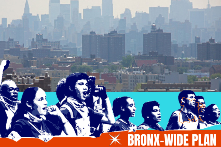 A blue and white graphic of civil rights workers over a background of the Bronx skyline. At the base of the image in white text on an orange background reads: 
