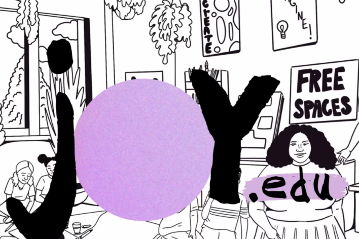 A black and white drawing of people doing different creative things in a lounge space. Overlaid on this in large letters reads: