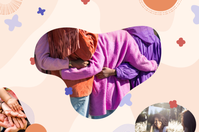 An image of people wearing colorful tops and embracing each other.