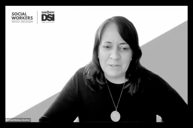 A white woman talking to a web camera on a video call.