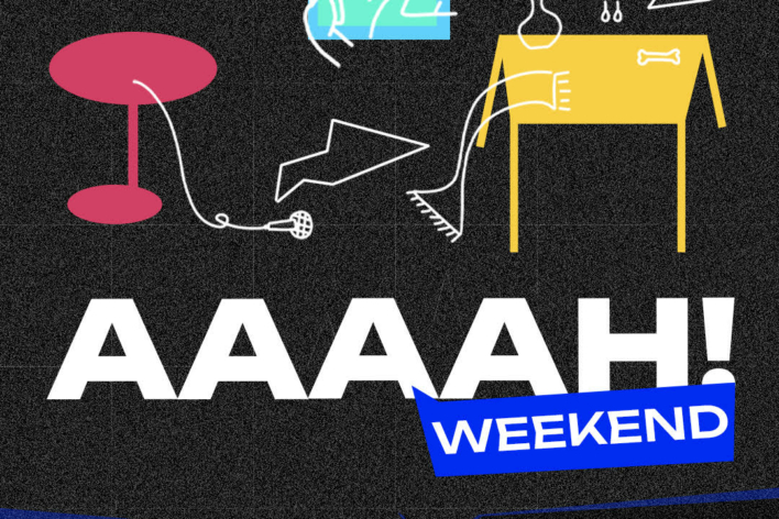 AAAAH Weekend 9/30 - 10/1 11:00 am - 8:00 pm. 68 Franklin Street, New York City. Black background with a red table, blue rectangle, and yellow table.