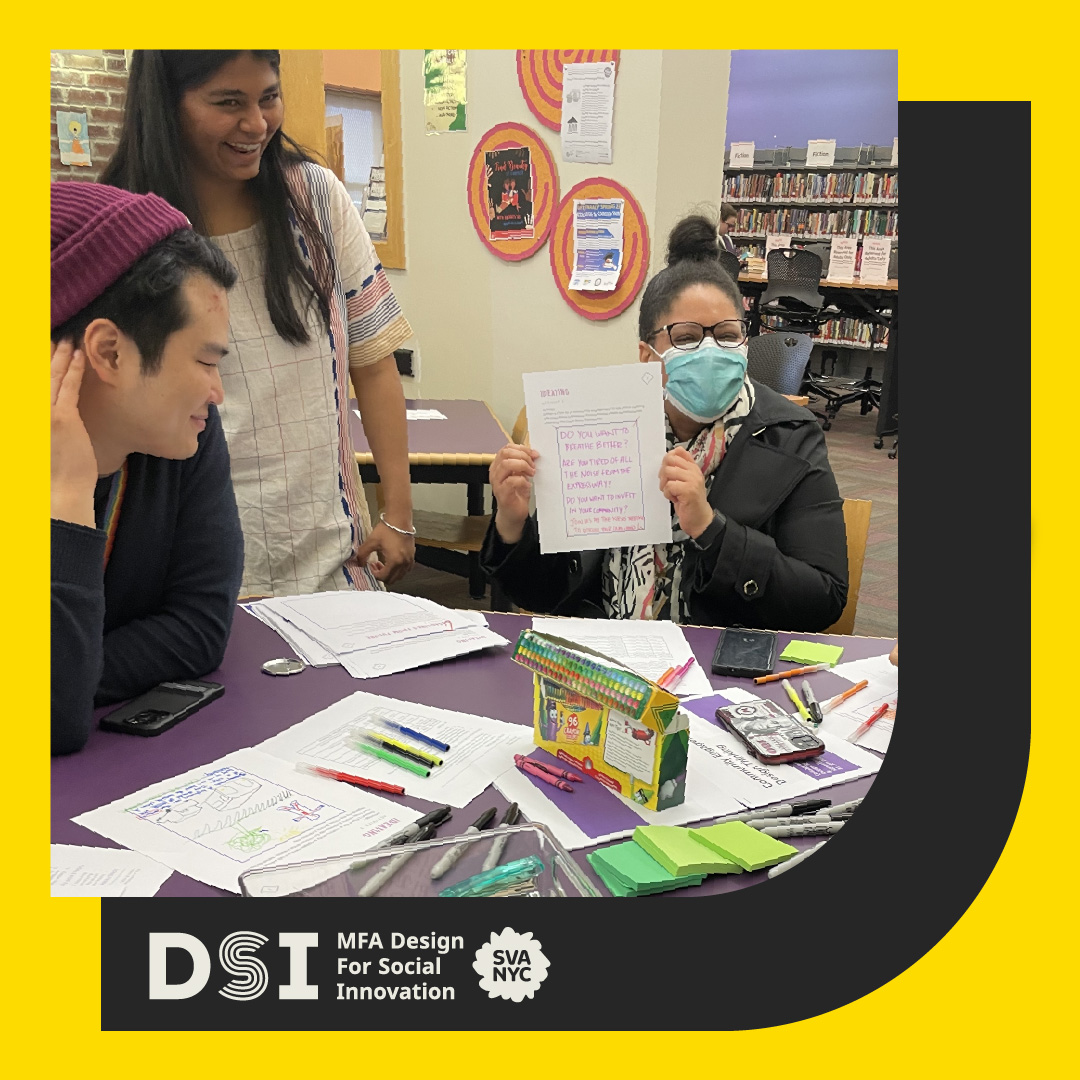 A designed banner of students and community partners working together. A woman in the image is holding up a sheet of paper showcasing the work.