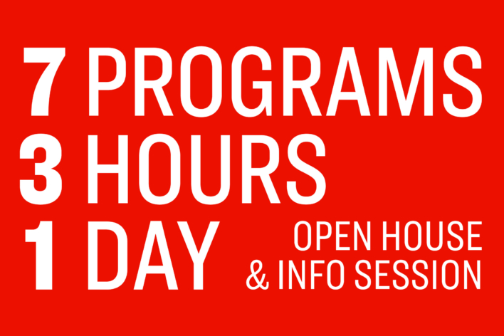 Red banner with white text that says SVA Graduate Programs - 7 Programs, 3 Hours, 1 Day Open House and Info Session. Saturday, Dec 9, 1-4pm EST, 136 W 21st Street, NYC Ground Floor Theatre