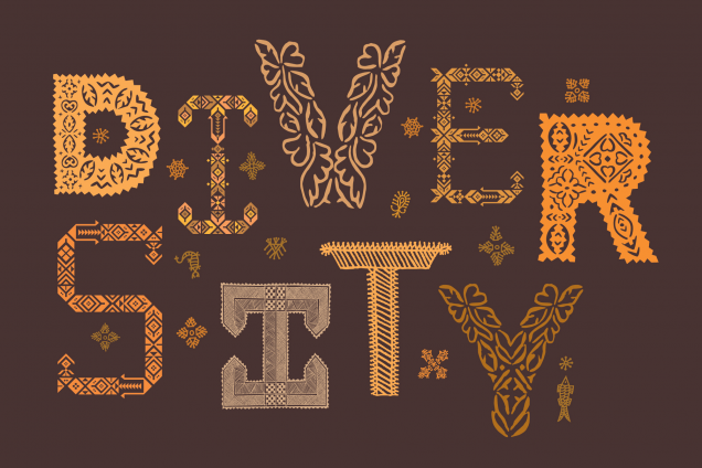 Yellow handcut letterforms in south-indian craft style that says 
