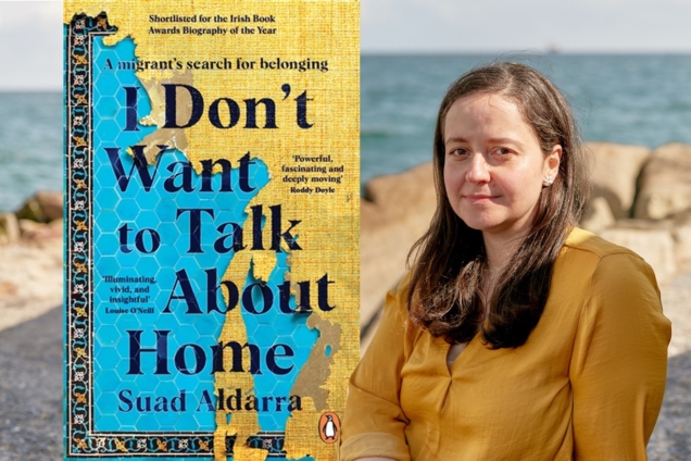 Book cover of I Don't Want to Talk About Home and author Suad Aldarra wearing a yellow blouse sitting on a rocky beach.