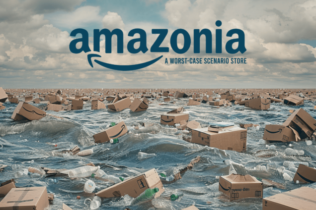 Amazonia Worst Case Scenario Store logo in blue over a sea filled with Amazon Boxes.