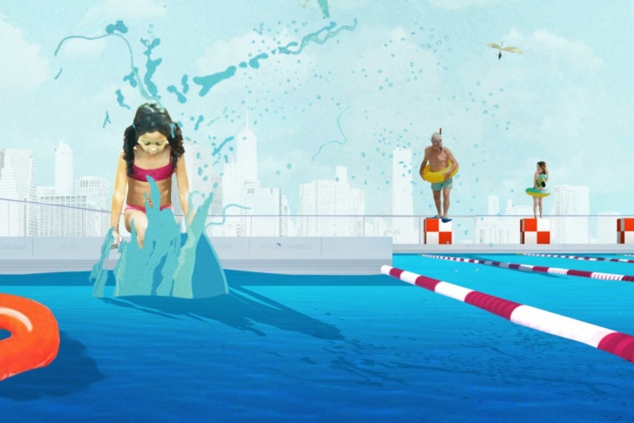 An illustration of a young girl with ponytails and a red swimsuit walking into water.