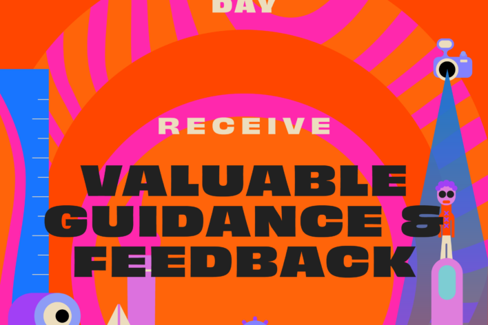 National Portfolio Day 2024 Receive Valuable Guidance and Feedback on an orange background with purple illustrations.