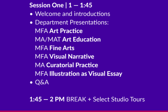 SVA NYC logo. SVA Graduate Studies. Session 2 Program. Saturday, Dec 7 , 1-4pm EST. 136 W 21 Street, NYC, Ground Floor Theatre. White text on a dark purple bar background.