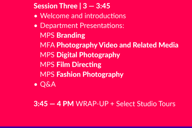 SVA NYC logo. SVA Graduate Studies. Session 1 Program. Saturday, Dec 7 , 1-4pm EST. 136 W 21 Street, NYC, Ground Floor Theatre. White text on a dark magenta background.