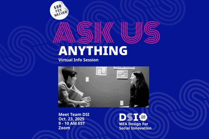 ASK US ANYTHING Virtual Info Session. B&W image of two students talking on a blue background.