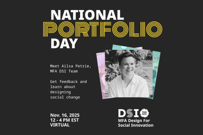 Black background with black and white photo of person with a pink square and teal square layered behind the black and white photo