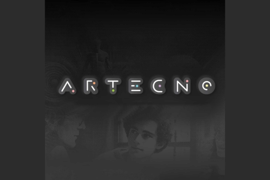Artechno in white text on a black background with a grey image of students.