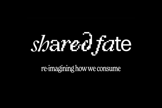 Shared fate reimagining how we consume in white text on a black background.