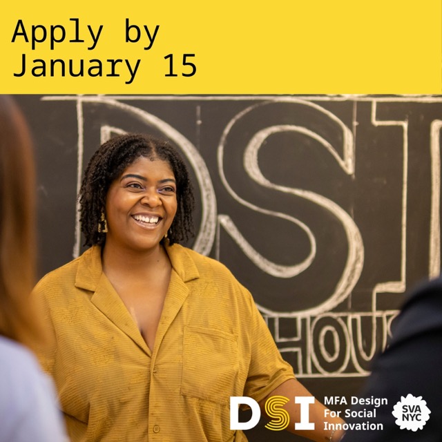 Apply by January 15. Photo of Candice Walker. DSI MFA Design for Social Innovation logo with SVA NYC